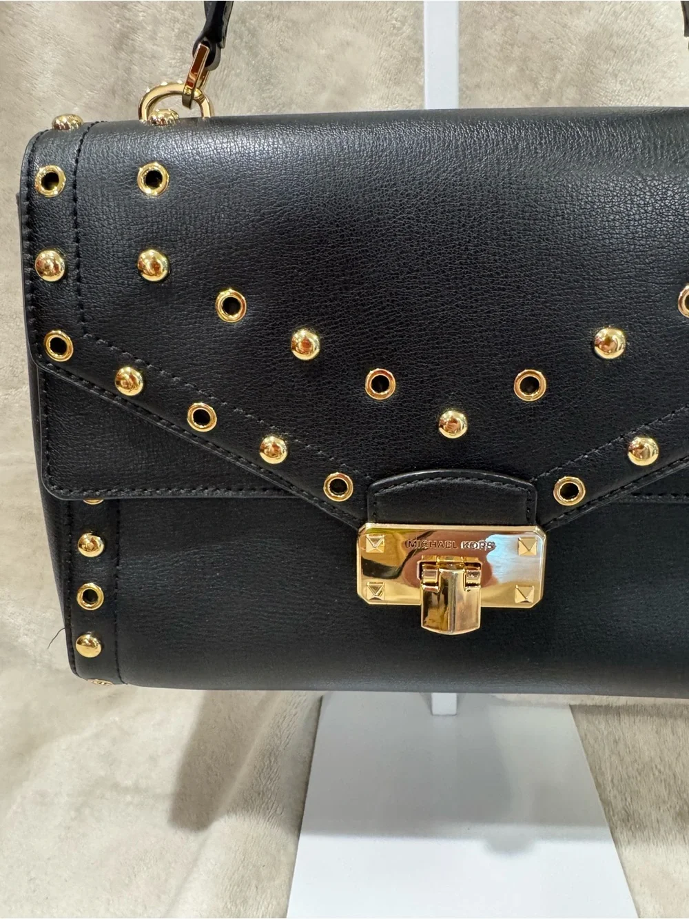 Michael Kors Black Kinsley Leather Studded Leather Satchel - Gold Hardware